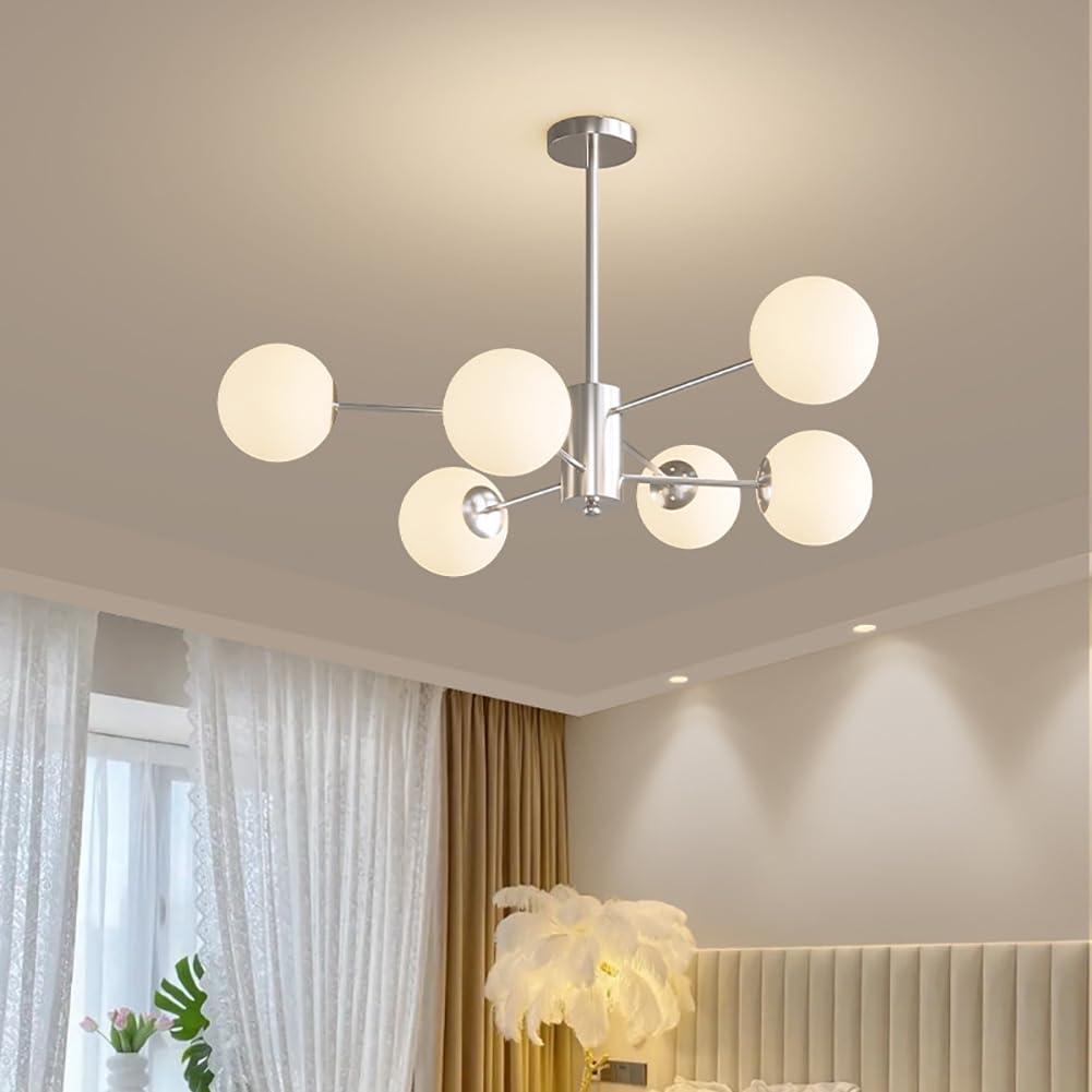 Lampadario Moderno a Sfera in Vetro, Illuminazione a Sospensione con Finitura cromata, plafoniera per Interni E27 per Cucina, Sala da Pranzo, Camera da Letto(6 Lights, Chrome)