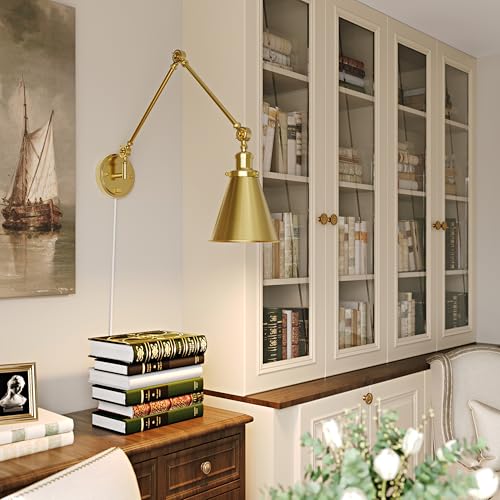 Image of Plug in Wall Sconces Set of Two, Gold Swing Arm Wall Lamp with 6.6FT Plug-in Cord and Knob Switch, Metal Hardwired Wall Lights for Bedroom, Reading, Study Room, Office, Living Room (2 Pack)
