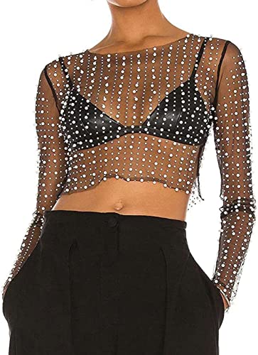 Women's Pearl Rhinestone See Through Long Sleeve Mesh Blouse One Piece Cover Up Crop Tops2