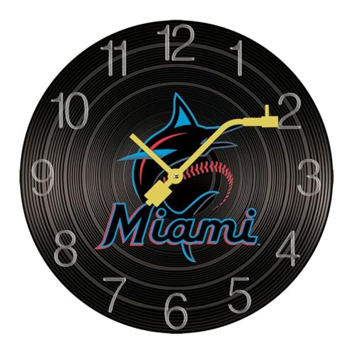 掛け時計 木製レコード マイアミ・マーリンズ ウォールクロック かけ時計 置き時計 インテリア おしゃれ 電池式 飾り 木製 連続秒針 北欧 無音 壁掛け 個性的 大数字 音楽愛好家 直径30cm ギフト