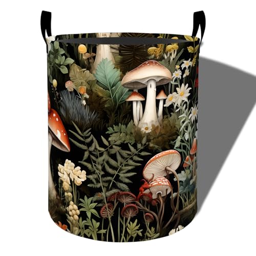 Image of Forest Mushroom Laundry Basket, Flower Design Foldable Oxford Cloth, Waterproof Dirty Clothes Hamper with Handles, Clothing Storage Bucket Toy Organizer for Bathroom Bedroom Dorm, 19.7 inchx15.7 inch