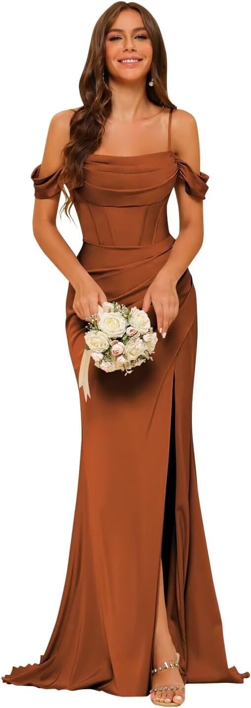 PUXIU Long Satin Bridesmaid Dresses with Silt 2026 Mermaid Formal Dress PUS046