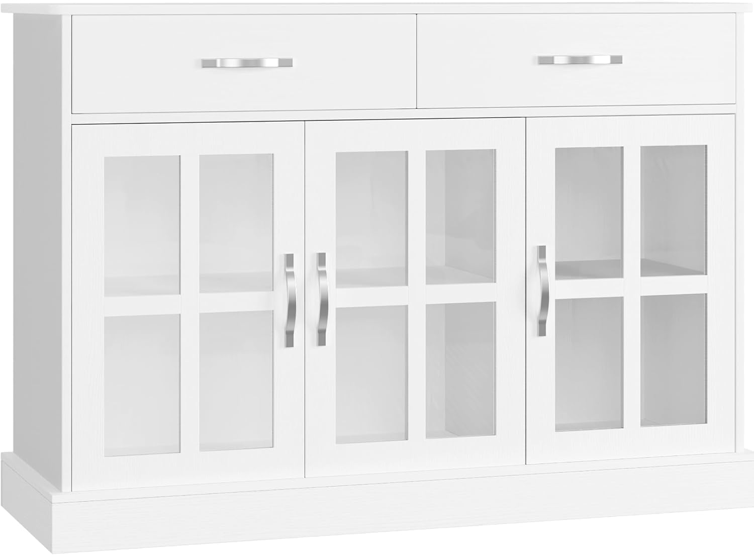 FirFurd Aparador Cocina con 3 Puertas de Cristal, Vitrina Salón, Muebles de Cocina, Aparador Comedor, Armario Buffet con 2 Cajones, Estantes Ajustables, Blanco 120x40x84cm