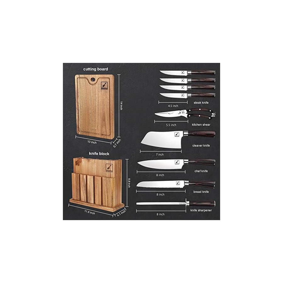 Japanese Knife Set, imarku 11-Piece Professional Kitchen Knife Set with Block, Stainless Steel Chef Knife Set with Wooden Cutting Board, Knife Sharpener, Gifts for Men and Women