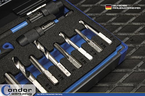 CONDOR Werkzeug 39602 | Kernloch Spiral- und Gewindebohrer-Bit-Satz mit Knarre & Adapter | 16-TLG. | 1/4\ 6-Kant-Antrieb | M4-M12 | Xcess Performance | HSS Bohrer Set Profi Werkzeug
