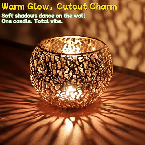 Metal Cut-Out Tealight Candle Holders Set of 2 – Geometric Lanterns for Table Centerpiece & Bathroom Spa – Shatterproof Holiday Decor, Winter Wedding (Gold*2) - Image 5