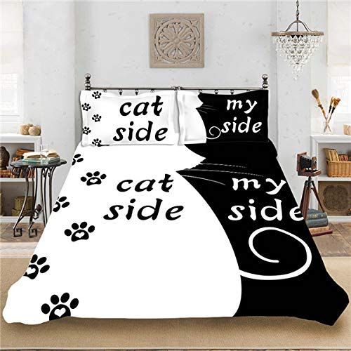 Black White Printed Duvet Cover Set King Size Cat Side My Side Bedding Set 3D Print Comforter Cover with 2 Pillow Shams Soft Microfiber Modern Style Quilt Cover Zipper 3 Pcs Personalized Boys - Image 2