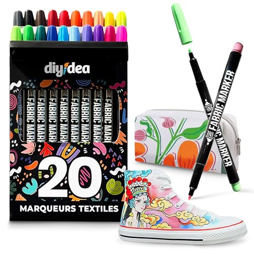 DIYIDEA Feutres Textile Permanents 20 Couleurs pour Tissu – Marqueurs Non Toxiques Lavables pour...