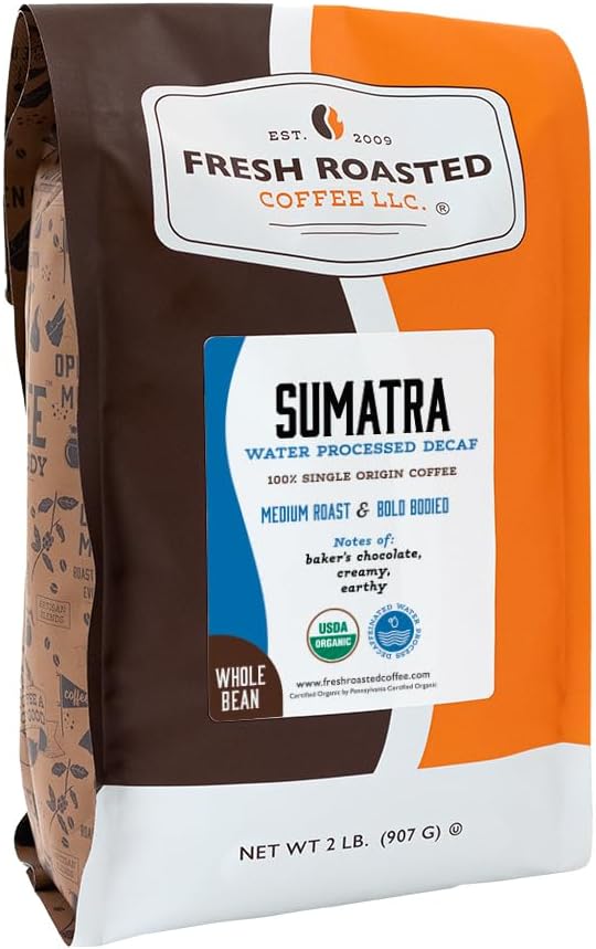 Fresh Roasted Coffee, Organic Sumatra Water-Processed Decaf Whole Bean Coffee, Medium Roast, USDA Organic, 100% Single Origin, Kosher, 2 lb (32 oz)