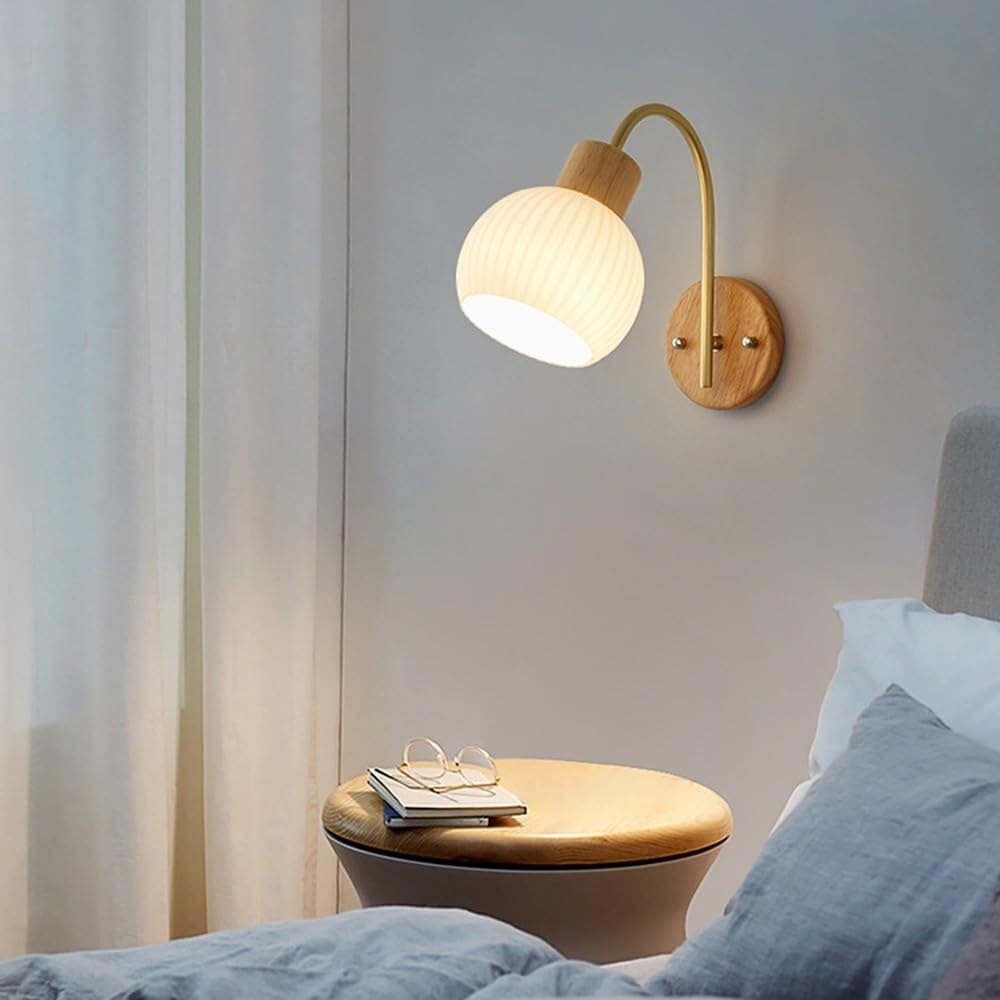Mid-Century Modern Wall Lamp - Solid Wood & Ribbed Milk White Glass Sconce, 180° Adjustable Head, E27 Socket, Retro Minimalist For Bedside Hallway