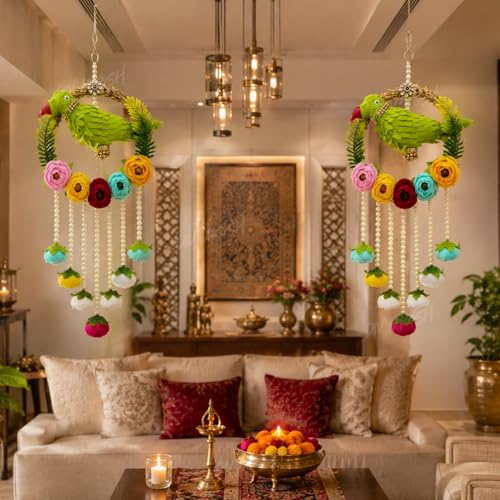 Image of Divyakosh Handmade Parrot Hanging for Home Decor Set of 2 | Indian Festive Door Wall Hanging with Pearl Tassels & Floral Design| Latkan for Diwali, Wedding, Housewarming, Living Room & Balcony