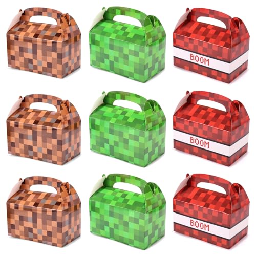 18uds Cajas de Regalo para Fiesta, 3 Colores Temática Juego Cajas de Regalo Píxeles con Asas Suministros Fiesta Píxeles para Decoración Cumpleaños Niños y Niñas (Verde Marrón y Rojo)