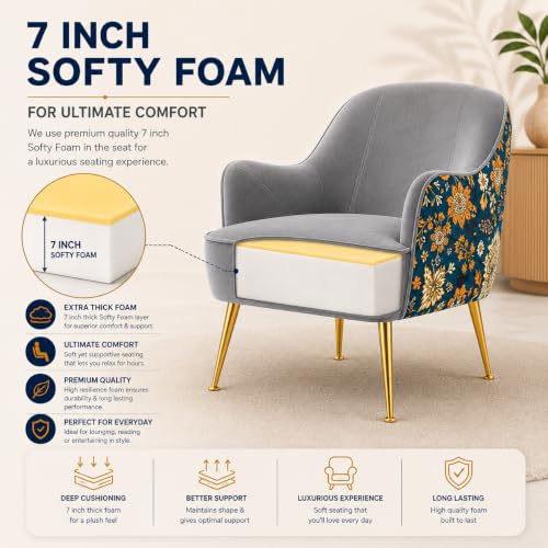 Image of Velvet Chair with Pillow for Home | Modern Accent Armchair in Soft Velvet Fabric with Golden Legs | Premium Accent Chair for Living Room Bedroom Restaurent | (Light Grey, Big Zara)