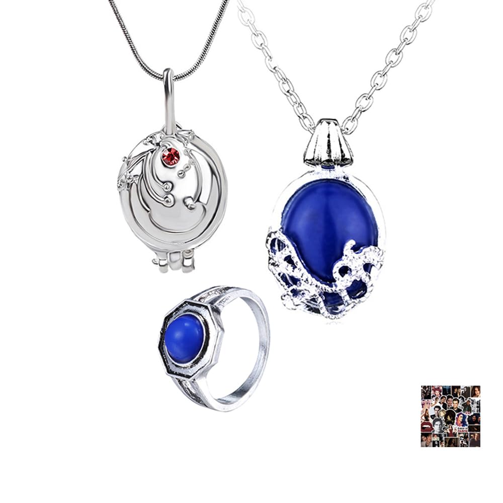The Vampire Jewelry Daywalking Katherine Sapphire Necklace Elena Gilbert Opening Vervain Locket Pendant Necklace Vampire Family Ring Klaus Mikaelson's Ring Stickers Total 13 pcs