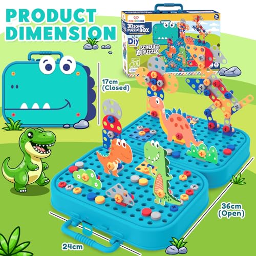Image of Wembley Electric Drill Screw Puzzle Set| Creative Dinosaur Themed Art Puzzle for Kids| 351 Pieces with Electric Screwdriver| 2D & 3D Building Block Kit| STEM Educational Activity Set for Boys & Girls