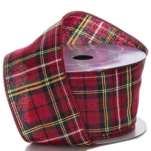 Image of Holiday Wired Christmas Tree Ribbon - 2 1 /2 inch x 10 Yards, Red & Yellow Plaid, Wreath, Tree Decoration, Gift Wrapping, Presents, Bow, Garland, Holiday, Tartan