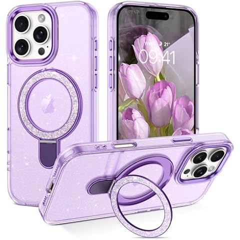 DOMAVER Magnetic Case for iPhone 16 Pro Max 6.9" with Stand [Compatible with Mag Safe], Glitter Translucent Slim Back Shockpfoof Protective Soft Cover with Bling Kickstand for iPhone 16 Pro Max-Purple Cover