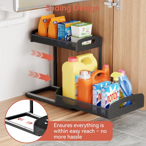 YASONIC 2 Pack Under Sink Organizer, 2 Tier Height Adjustable Kitchen Cabinet Organizer, Pull Out Metal Cabinet Shelf Organizer, Under the Sink Organizers and Storage for Kitchen & Bathroom, Black - image 2