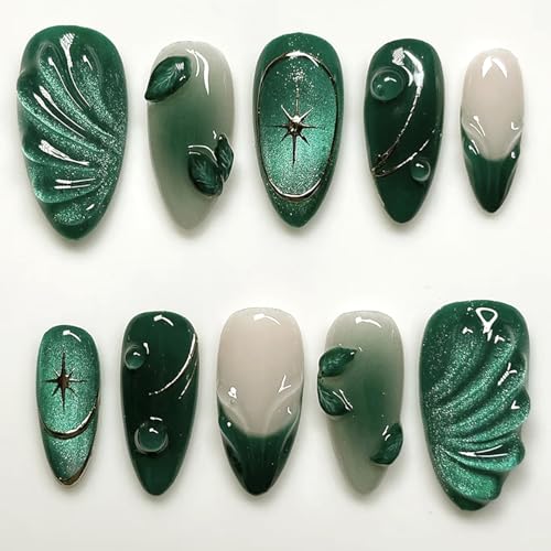 24Pcs Green Press on Nails Medium Almond Fake Nails with 3D Green...