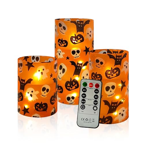 Image of Flickering Flameless Candles Halloween Pumpkin Ghost Print, Embedded Star String Lights, Battery Operated Acrylic LED Pillar Candles with 11-Key Remote and Timer for Home Decoration, 3 Pack