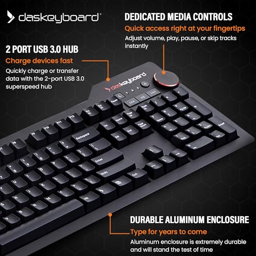 Das-Keyboard-4-Professional-Wired-Mechanical-Keyboard-Cherry-MX-Brown-Mechanical-Switches-2-Port-USB-30-Hub-Volume-Knob-Aluminum-Top-104-Keys-Black