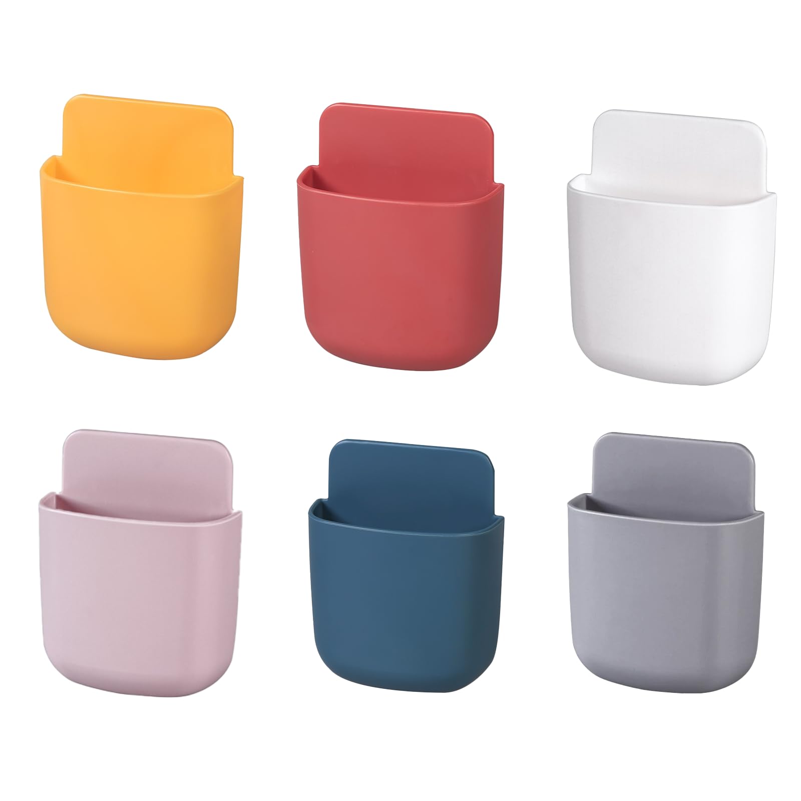 6Pcs Remote Control Holder Wall Mounted, Self Adhesive Remote Control Organiser, No Drill Wall Storage Box with Charging Port, for Phone, Pen, Power, Toothbrush, Home & Office Use (Colorful)