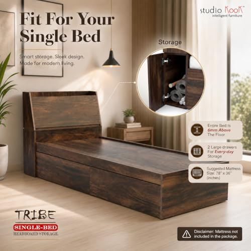 Image of Studio Kook Tribe Left Single Bed with Headboard Storage & 2 Drawers | Engineered Wood Bed | Fits 78 x 36 inch Mattress | Junglewood | Mattress Not Included