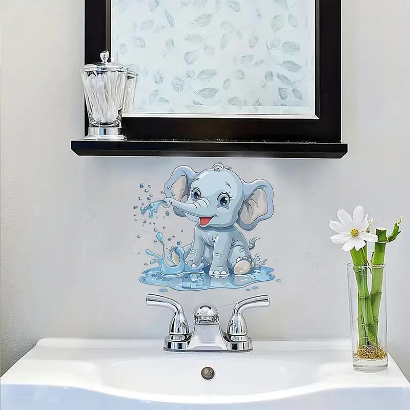 Cute Elephant Water Splash Decal Toilet Cover Sticker Decals,Fish Bird Flower Leaf Waterproof Toilet Lid Tank Seat Decals Cistern Self-Adhesive Bathroom Wall Sticker