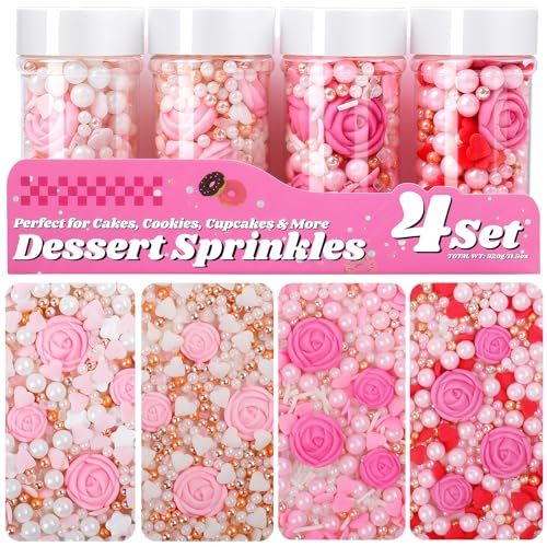 Spring Sprinkles for Cake Decorating, 11.3oz Edible Pearl Flower Pink Sprinkles, 4 Jar Gift Set Spring Sprinkles for Baking Cupcakes Cookies
