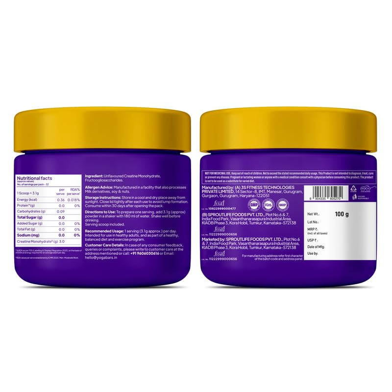 Image of Yoga Bar Pro Clean Creatine Monohydrate | Micronised | Unflavoured | 3g Per Scoop | 100g | Easy Mix Formula for Fitness and Strength Support