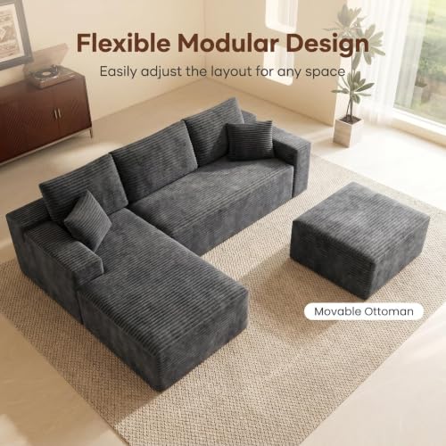 Image of Modular Cloud Sectional Sofa, Oversized Corduroy Boneless Couch | Luxury Comfort, Deep Seat, Couches for Living Room and Apartment, No Assembly Required