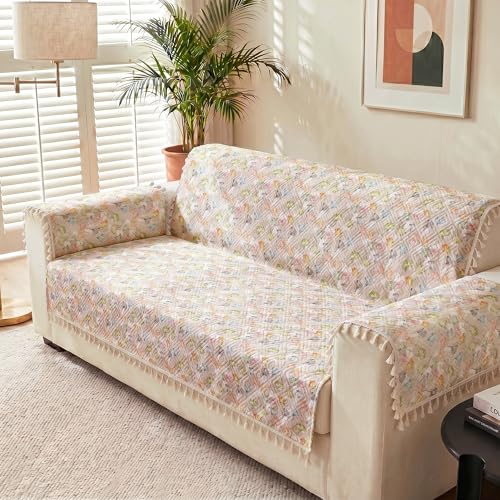 Image of Story@Home Sofa Cover with Tassel for 2 Seater Sofa | Full Protection for Seat Back & Arms | Quilted Velvet Anti Slip Sofa Mat for 2 Seater with 2 Armrest Covers (152x122 Cm) - White & Multi Color