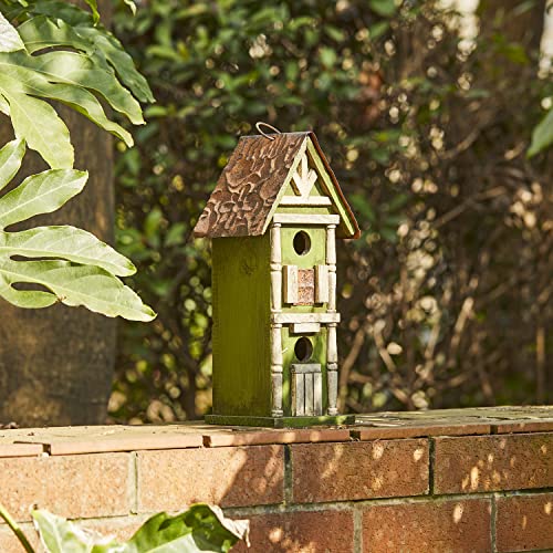 Glitzhome 12.75" H Hanging Green Two-Tiered Distressed Wooden Garden Bird House #TOP4