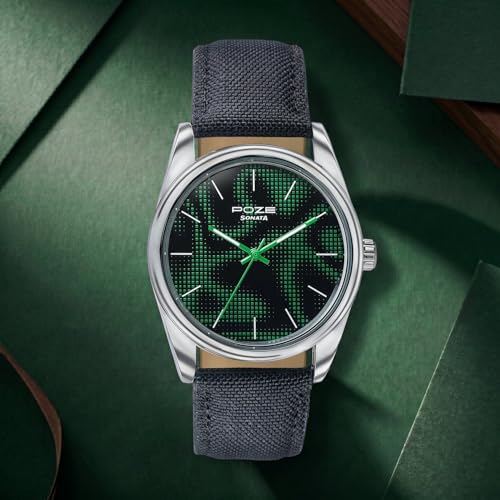 Image of Sonata Poze 9 with Quartz Analog Black /Green Dial Black Strap Watch for Men - SP70033SP01W