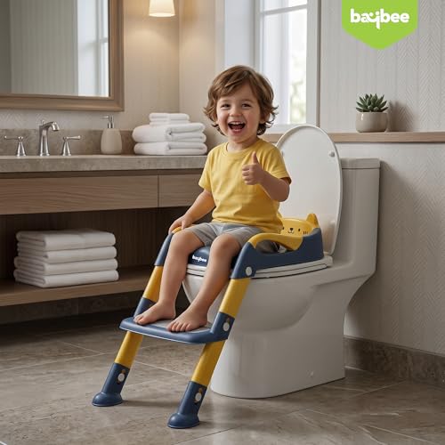 Image of Baybee Aura Pro Baby Ladder Potty Training Seat for Kids | Foldable Baby Western Toilet Seat with Adjustable Height, Grip Handle & Backrest | Potty Training Seat Chair for Kids 1 to 8 Years (Blue)