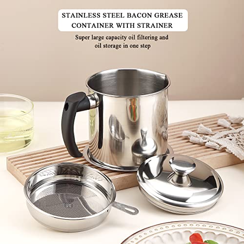 Image of Kyraton Bacon Grease Container With Strainer,48 Oz Stainless Steel Oil Container,Pot Fat Storage With Lid,Easy Grip Handle Suitable For Storing Frying Oil (14.5 X 13.6 X 14 Centimeters,Silver)
