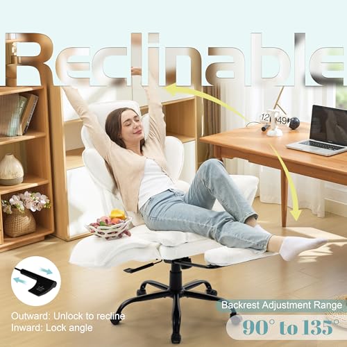 Image of Flip Armrests Criss Cross Office Chair, Reclining Office Chair with Foot Rest, Adjustable Headrest, Massage Waist Pillow, Cross Legged Big and Tall Desk Chair Wide Seat Vanity Chair, White Fabric