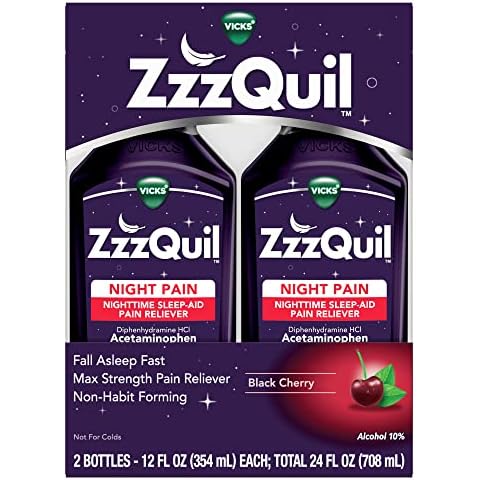 Vicks ZzzQuil Nighttime Pain Relief Sleep Aid Liquid, Max Strength Pain Reliever, Black Cherry Flavored, 12 Fl Oz, Pack of 2 Cover
