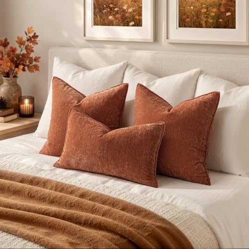 MIULEE Chenille Throw Pillow Covers 20x20 Inch Set of 2 Soft Solid Fall Cushion Covers with Stitched Edge Modern Boho Farmhouse Decorative Pillowcases for Couch Sofa Bed Living Room Rust - 4