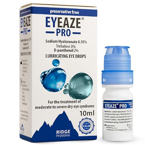 Ridge Pharma Eyeaze Pro Sodium Hyaluronate Eye Drops - Preservative Free Eye Drops for Moderate to Severe Dry Eyes - Triple-Action Formula with Trehalose & D-Panthenol - Contact Lens Friendly - 10ml