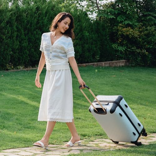 NZBZ Vintage Luggage Set, Retro Lightweight Leather Suitcase with Double Spinner Wheels, Large Capacity (Blue, 20inch & 24inch & 28inch)2