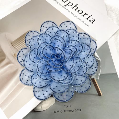 Image of Rhinestone Camellia Flower Big Brooch Lapel Pins for Women Fashion Crystal Fabric Floral Brooches Pin for Dresses Suit Accessories Jewelry Boutonniere Corsage Wedding Party 140mm