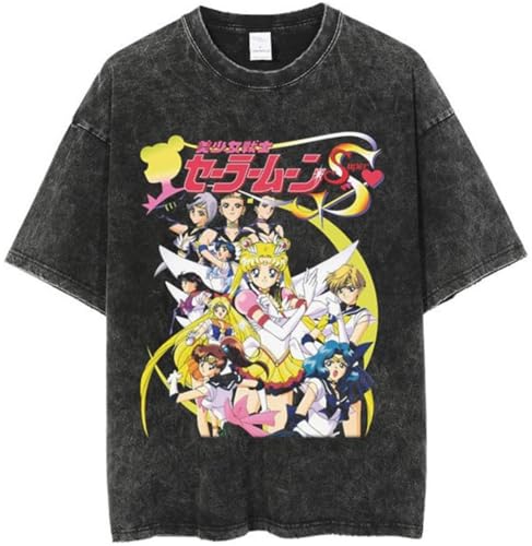 Silver Basic Sailor-Mond Mujer Verano algodón Puro Negro Manga corta-Black11-2XL1