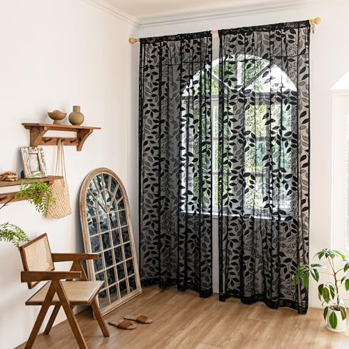 Image of Treatmentex Lace Black Sheer Curtains for Bedroom Living Room Studio 84inch Long Elegant Leaf Embroidered Semi Sheer Curtain Panels for Country Farmhouse Decor 54 inch w 2pcs 7ft