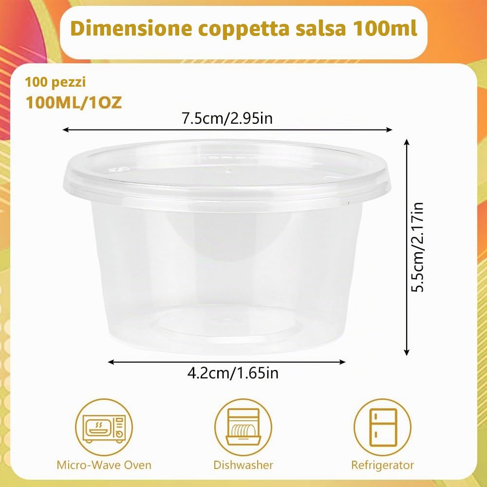 LPAMABA 100 Pz Vasetti Trasparenti per Salse da 100ml,Contenitori per Condimenti con Coperchi,Bicchieri per Salsa in plastica,Tazze Rotonde Trasparente per Alimenti, Tazze per Salsa, Condimenti
