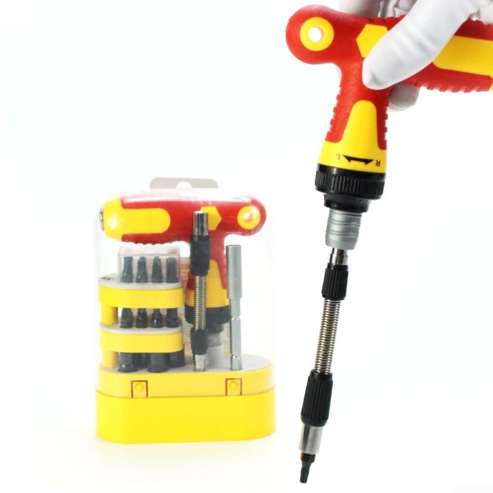 Eawfgtuw Juego de destornilladores de trinquete en forma de T con mecanismo bidireccional, varilla extensible para un alcance profundo, mango ergonómico de polipropileno, puntas de metal para