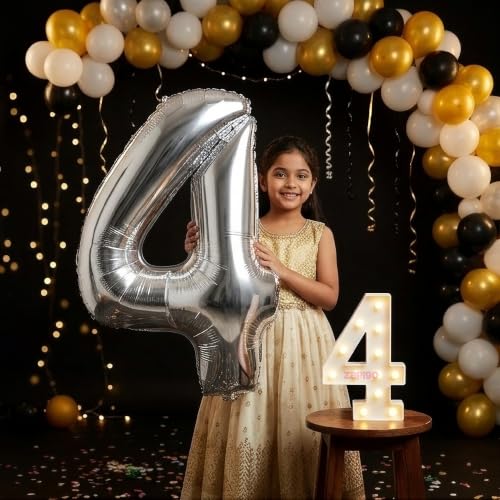 Image of Balloonistics Silver 40-Inch Foil Number 4 Balloon with Matching LED Marquee Light - Combo Set for 4th Birthday, Anniversary, Party Decoration, Photo Booth Backdrop