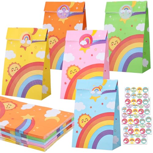 woric 50 bolsas de papel arcoíris, 22 x 12 x 7 cm, bolsas de regalo para cumpleaños infantiles, pequeñas bolsas de caramelos con 60 pegatinas, bolsas de papel multicolor, para cumpleaños infantiles