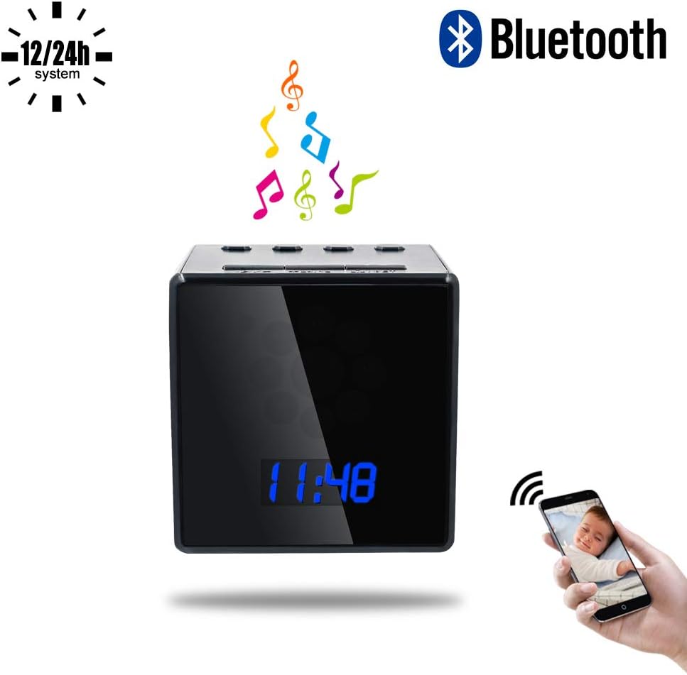 Spy Hidden Camera Clock, 3 In 1 Function Mini Camera UYIKOO 140° Wifi Hidden Camera 1080P Bluetooth Speaker Wireless Music Player Nanny Camera with Alarm Clock Support APP Remote View