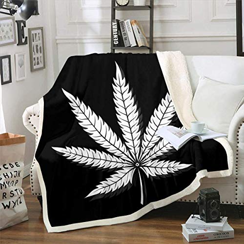 Feelyou Marijuana Leaf Sherpa Blanket - Cannabis Leaf Print Throw Blanket, Fuzzy Fleece, King Size 87